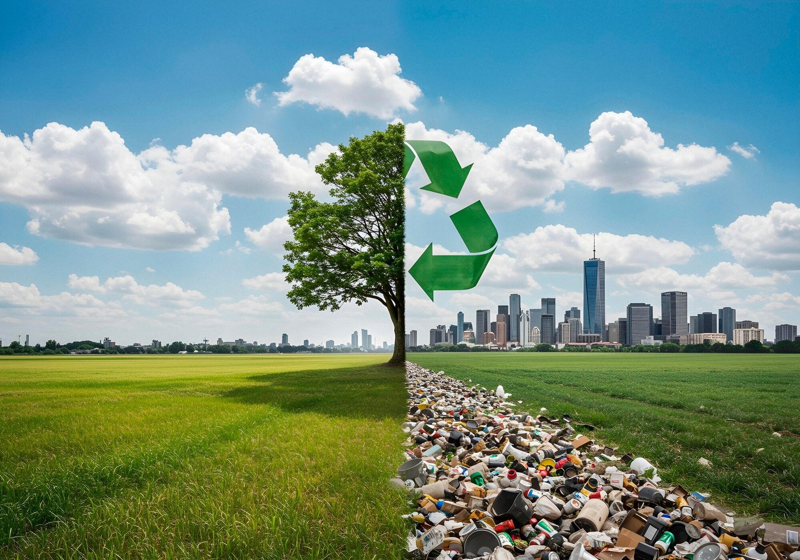 Tree split vertically down the middle with lush green foliage and healthy branches on the left side representing environmental sustainability, while the right side is barren and surrounded by accumulated waste representing pollution. A green recycling symbol with three arrows curves above the tree trunk.
